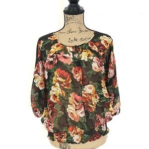 Rafaella Womens sz S Top Sheer Floral Keyhole 3/4‎ Sleeve Balloon Sleeve Smocked